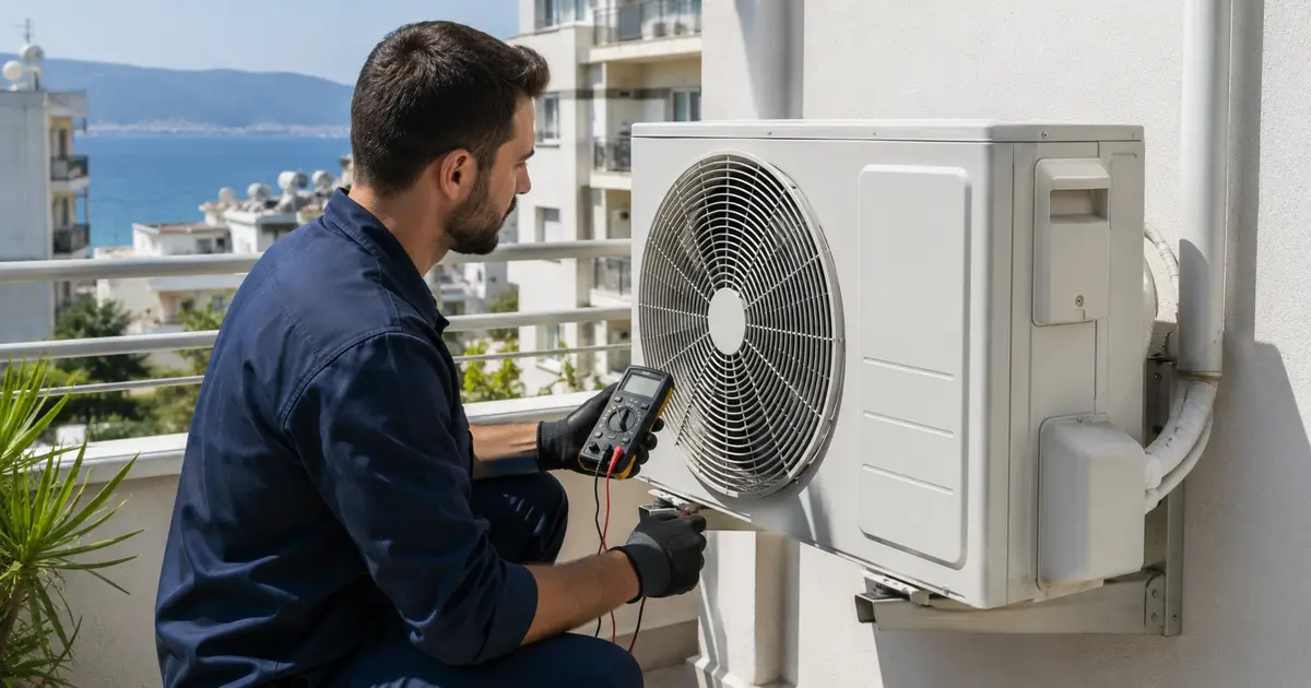 Çalışmayan klima dış ünitesini kontrol eden teknik servis uzmanı